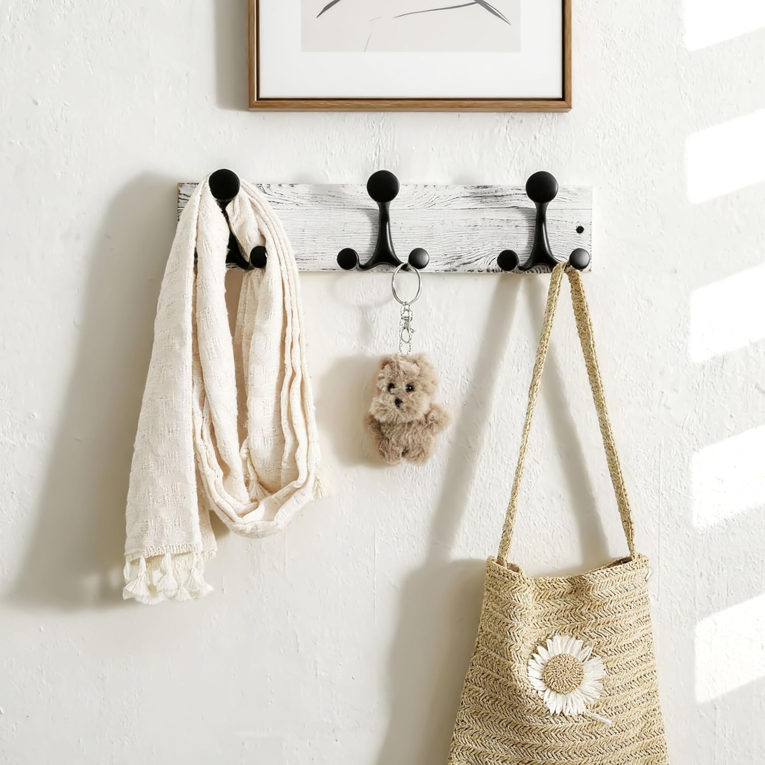 SKOLOO 17-Inch Wood Coat Rack Wall Mount with 3 Triple Hooks - Ideal for Family Entrances, Classrooms, and Pet Supplies Storage - Perfect Coat Hooks for Wall,Distressed White Wash