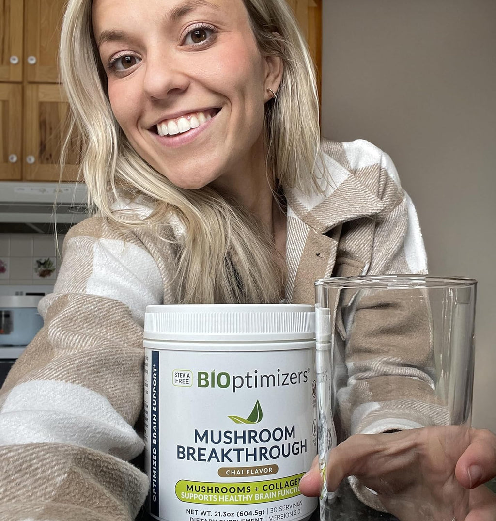 BIOptimizers Mushroom Coffee Alternative – Chai Drink – Lion’s Mane, Chaga, Reishi + Collagen Peptides for Focus, Energy & Gut Health – Adaptogenic Mushrooms & MCT Powder – 15 Servings