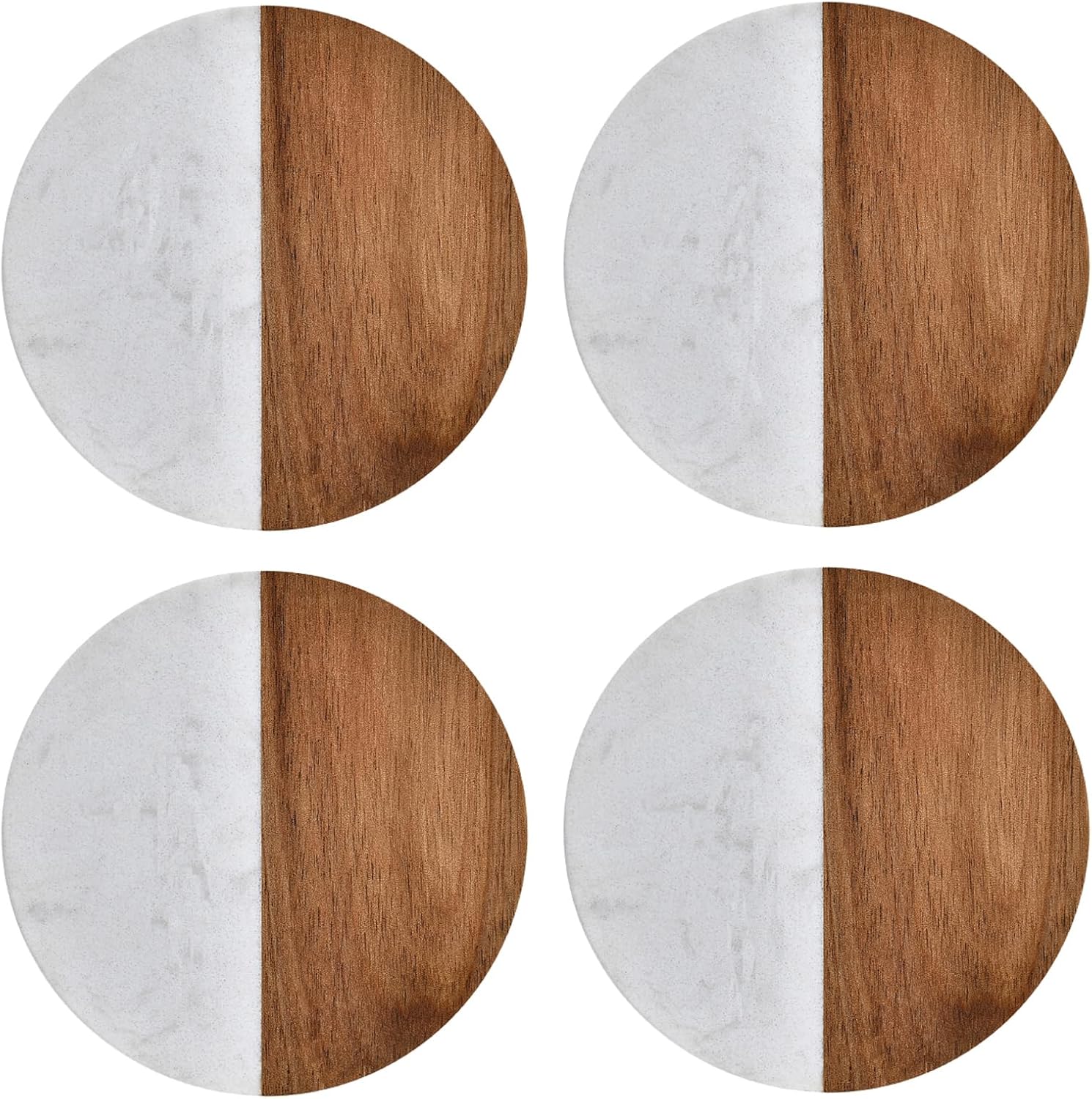 I-LAN Set of 4 Round Natural Wood and Marbel Style Drink Coasters for Coffee Wooden Table, Drink Bar Coaster Set/Tea Table Coasters for Living Room,Beer Cans,Bar Glasses,4 x 4 Inch
