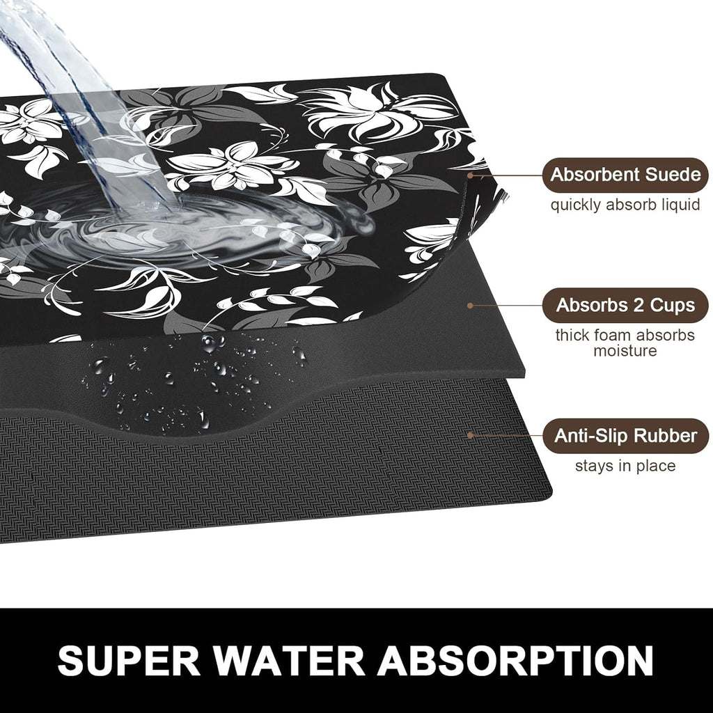 Rnivvi Dish Drying Mat for Kitchen Counter, 16 x 18" Cute Flower Theme Absorbent Heat Resistant Drying Pad with Non-slip Rubber, Coffee Bar Mats for Dish Rack Kitchen Accessories, Black White