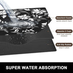 Rnivvi Dish Drying Mat for Kitchen Counter, 16 x 18" Cute Flower Theme Absorbent Heat Resistant Drying Pad with Non-slip Rubber, Coffee Bar Mats for Dish Rack Kitchen Accessories, Black White