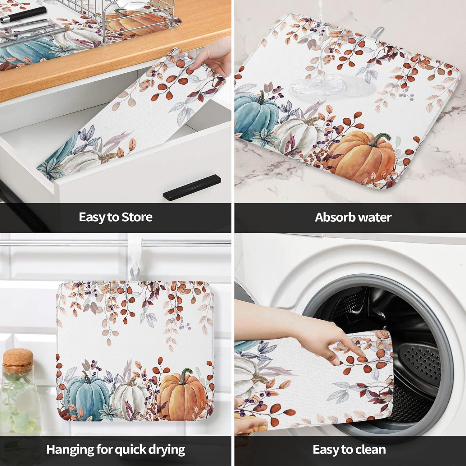 Fall Dish Drying Mat for Kitchen Counter Pumpkin Drying Pad Absorbent Drying Mats for Countertops Sinks Draining Racks Autumn Eucalyptus Leaves Drainer Holiday Harvest Thanksgiving Decorations 16x18