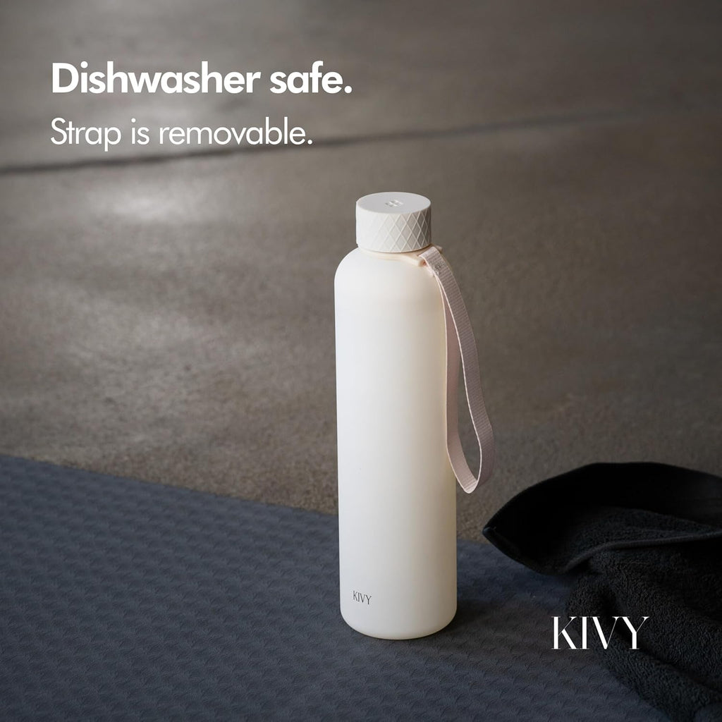 KIVY Slim Water Bottle 32oz [Lightweight & Shatterproof] Fits Backpack & Cupholder for Travel, Sports, School - Beige water bottle no straw - Cute aesthetic water bottles screw top - Dishwasher Safe