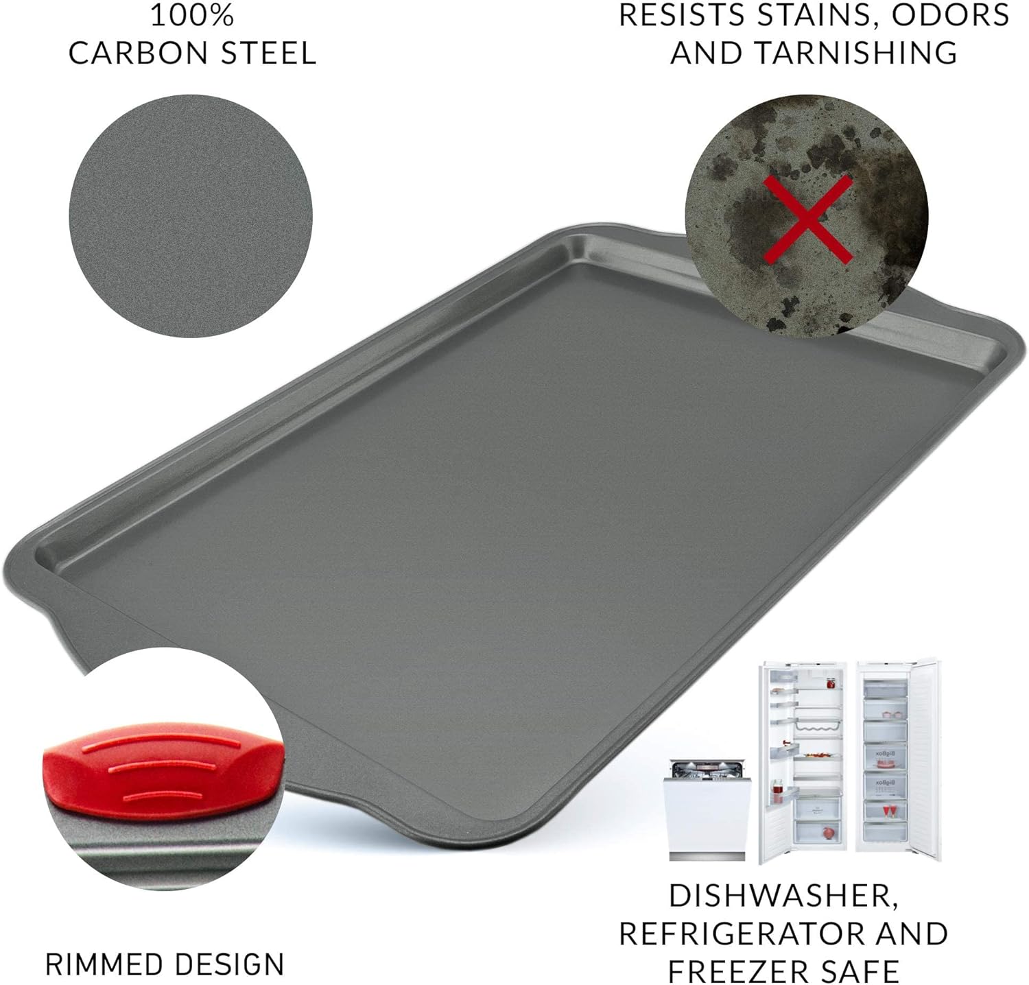 Boxiki Kitchen Non-Stick Baking & Cookie Sheet Pan Non-Toxic 11x14 Inch Rimmed Carbon Steel Baking Sheet. Dent, Warp and Rust Resistant. Heavy Gauge Steel Oven Baking Sheet. 1 Tray.