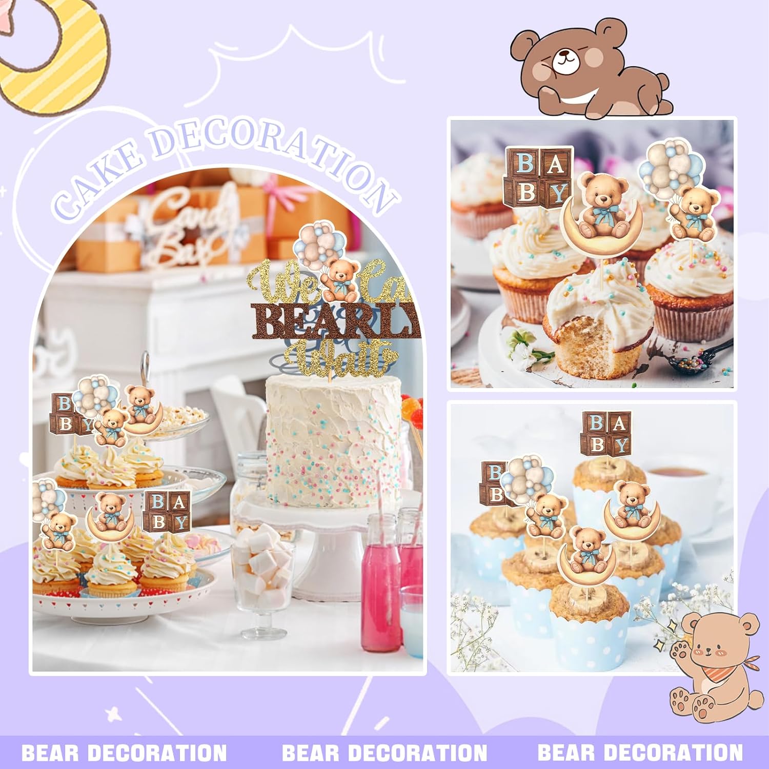 MEMOVAN Bear Baby Shower Cupcake Topper 25pcs We Can Bearly Wait Cake Cupcake Topper Bear Cake Cupcake Decoration for Baby Boy We Can Bearly Wait Bear Theme Birthday Baby Shower Gender Reveal Party