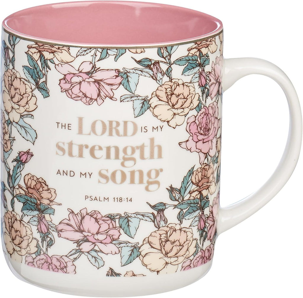 Christian Art Gifts Pink Floral Ceramic Coffee Mug – 14 oz. Lead and Cadmium-free Non-toxic Inspirational Scripture Coffee and Tea Mug for Women with Bible Verse: My Strength and My Song –Psalm 118:14