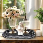 Decorative Coffee Table Serving Tray, Long Octagonal Black Wood Tray with Wooden Bead, Farmhouse Big for Ottoman Table, Countertop, Home Decor, 16.5"x13"x1.6" (Retro Black)