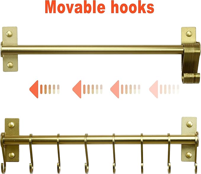 Dseap Kitchen Utensil Holder Hanger, Pot and Pan Rack Wall Mounted, Kitchen Rail with 8 Hooks for Hanging Cooking Utensils, Mugs, Spoons, Wall Mounted,Champagne Color, Pack of 2