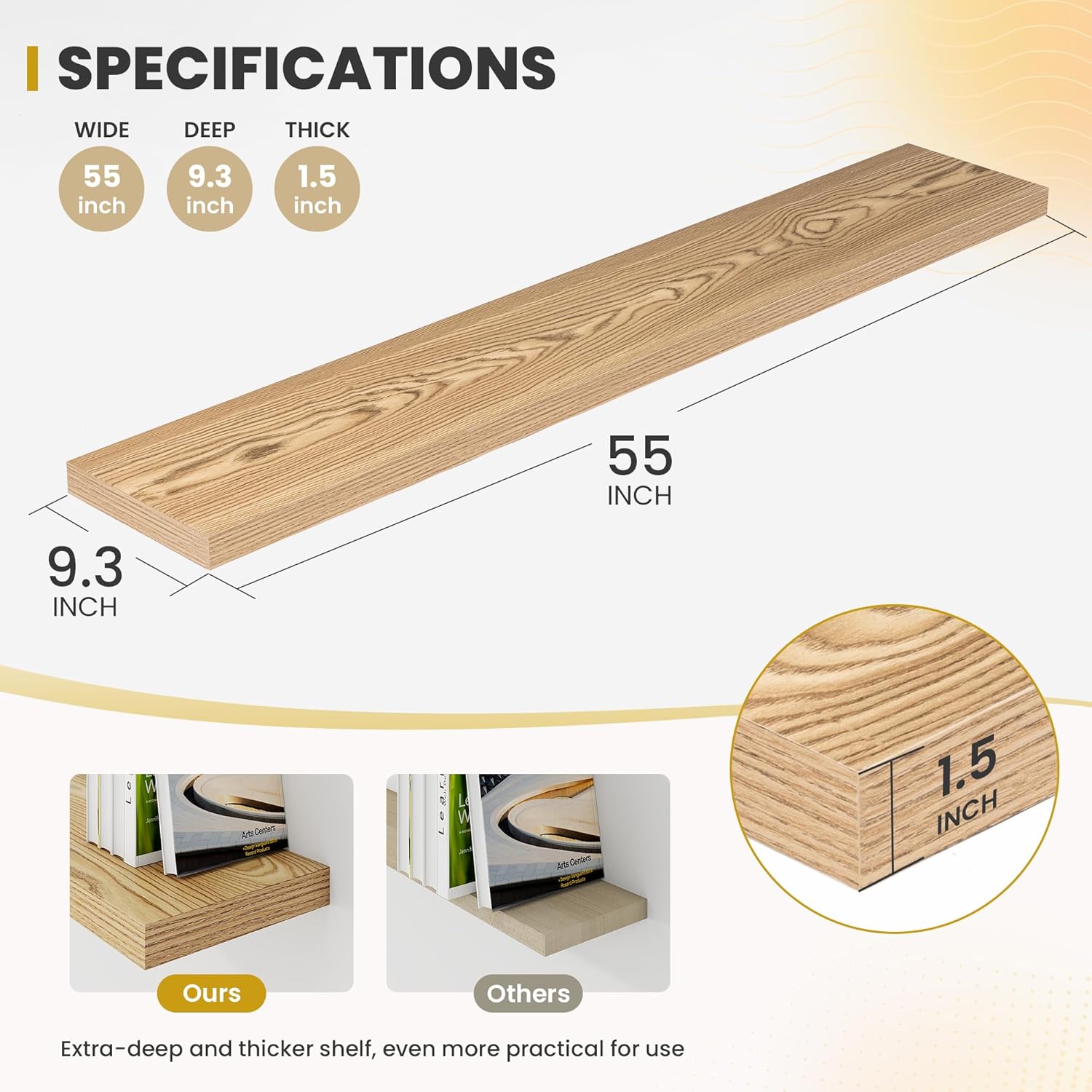 55 Inch Floating Shelves, 9.3" Deep Floating Shelf Wall Mounted, 56" Wall Shelves, Rustic Deep Bookshelf, Large Display Shelves & Storage Shelves for Bedroom, Living Room, Light Brown, Set of 1