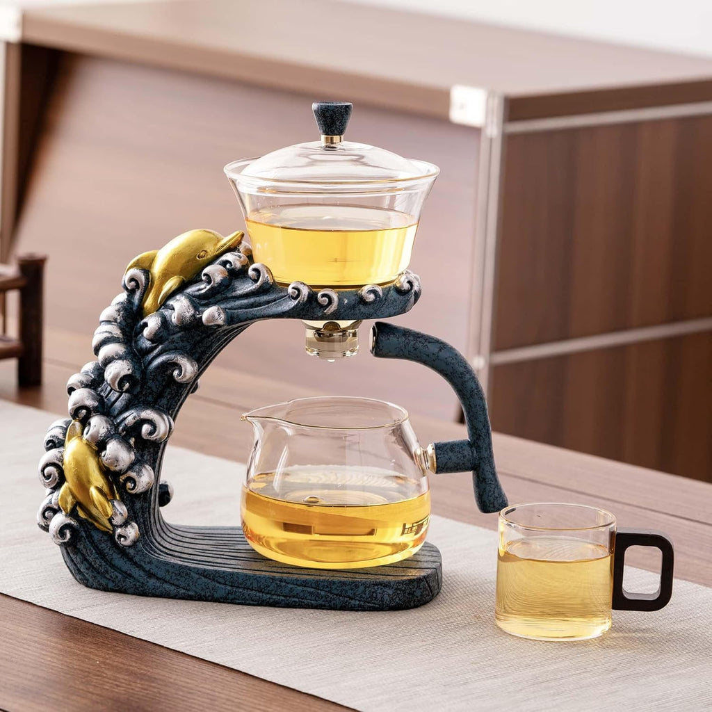 Glass Teapot Set with Infuser Semi Automatic Tea Set Magic Teapot (Dolphins)