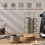 LUKA 6 Ounce Porcelain Stackable Espresso Cups with Saucers and Metal Stand Set of 4, Ceramic Cappuccino Cups Set for Specialty Coffee Drinks, Latte, Cafe Mocha and Tea, Gray