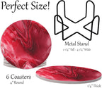Dark Red Agate Marble Round Coasters Set of 6 - Abosrbent Ceramic Coasters with Metal Stand for Drinks, Coffee, Non-Slip Cork Back for Tabletop Protection, 4 Inches Marbled Pattern (Marble)