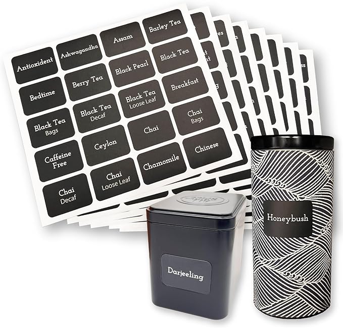 Tea Tin Labels, 160 Pre-Printed Waterproof Adhesive Labels, 1.7 x 1.2 Inches, Vinyl Material, Removable
