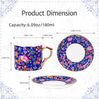 KAMMAK Tea Cups and Saucers Set of 2, Ceramic Coffee Cup with Saucer for Espresso, Cappuccino, 7oz Vintage Yellow and Blue Floral Porcelain Demitasse Mug for Home, Tea Party, Office