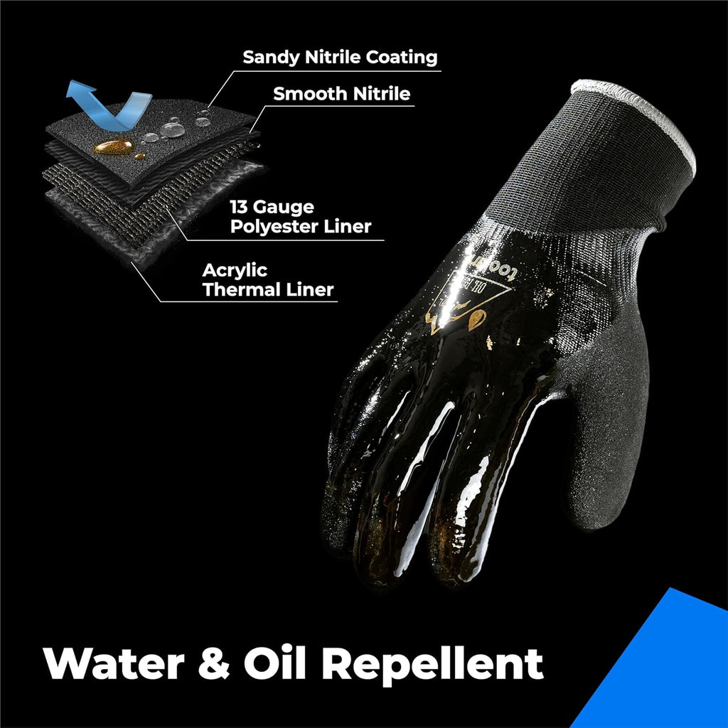 Waterproof Gloves for Men and Women, Freezer Gloves with Grip, Double Nitrile Dipped for Extreme Oil Repellent, for Construction, Mechanics, Mining, Plumbing, Black, Medium