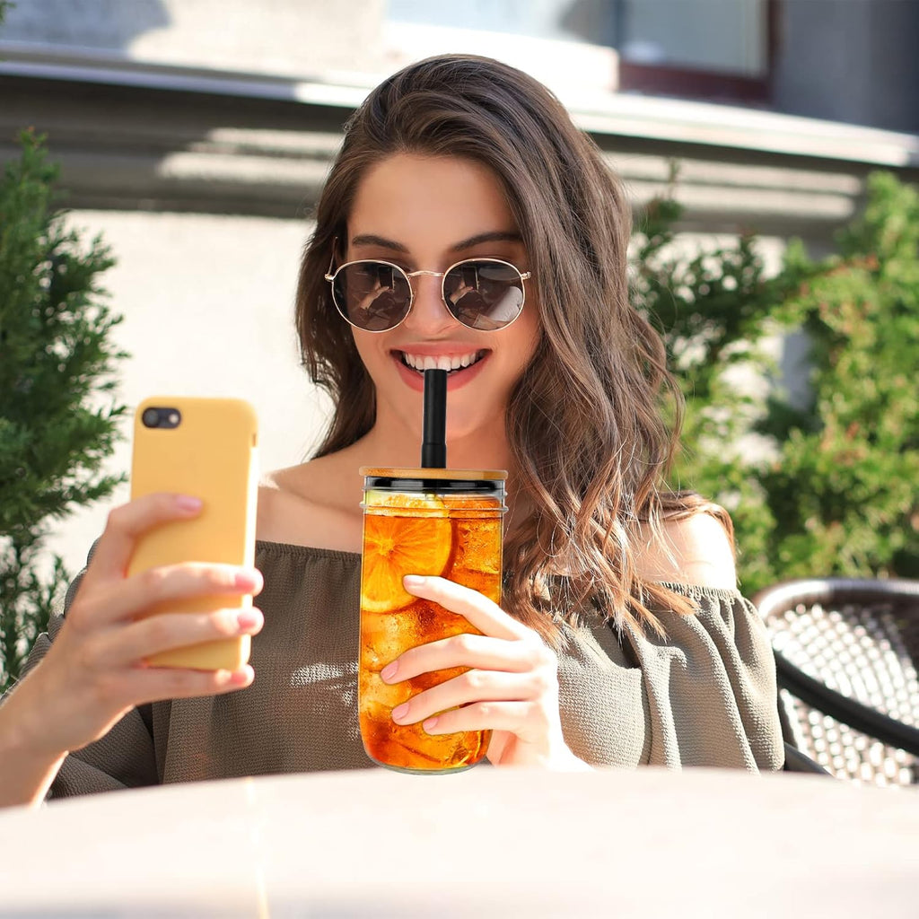 Glass Tumbler with Lids and Straws 2 Pack, 24oz Glass Drinking Jars with Lids and Straws,Reusable Wide Mouth Mason Jar Iced Coffee Cup,Smoothie Cup Coffee Travel Mug for Car/Home-Pink/Coffee