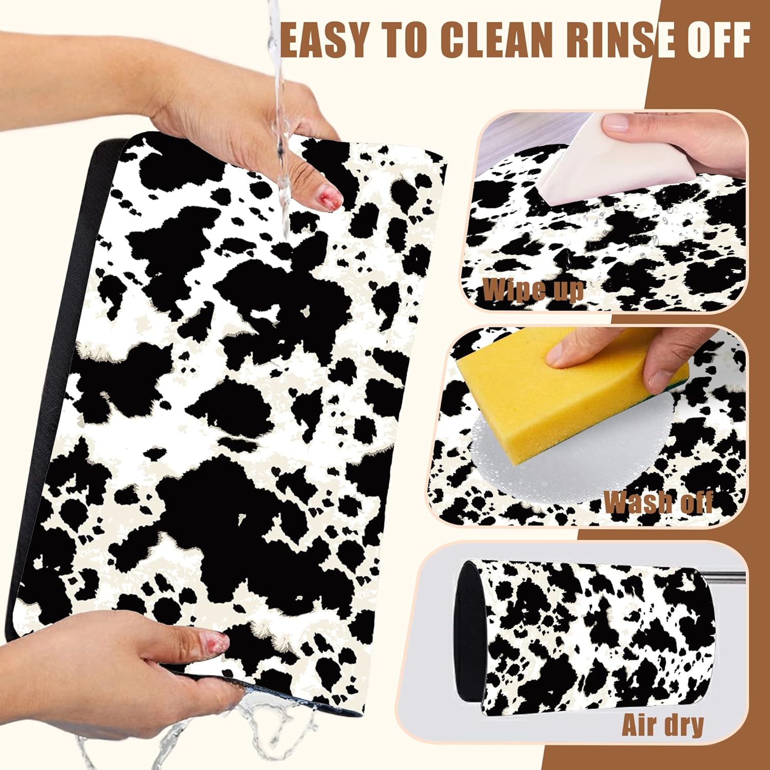 Dish Drying Mat Cow Print Coffee Bar Mat for Countertop Absorbent Hide Stain Rubber Backed Dish Drainer Rack Pad Espresso Machine Dining Room Decoration 11.8 x 19.7 Inch