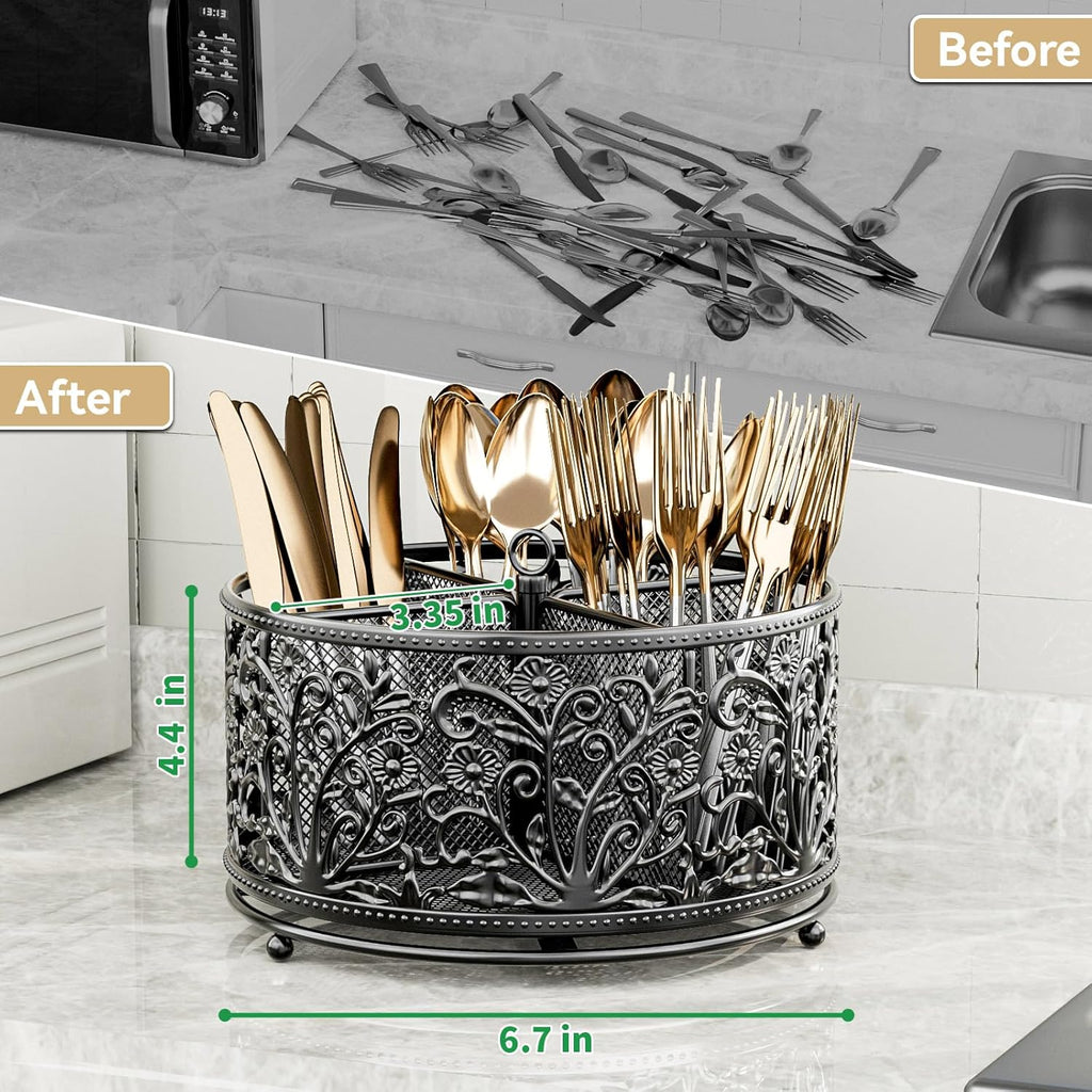 360° Rotating Utensil Caddy - Silverware Cutlery Caddy Holder with 4 Compartment, Metal Flatware Organizer Countertop with Handle for Party Camping Picnic, Kitchen Counter, Office (Black)