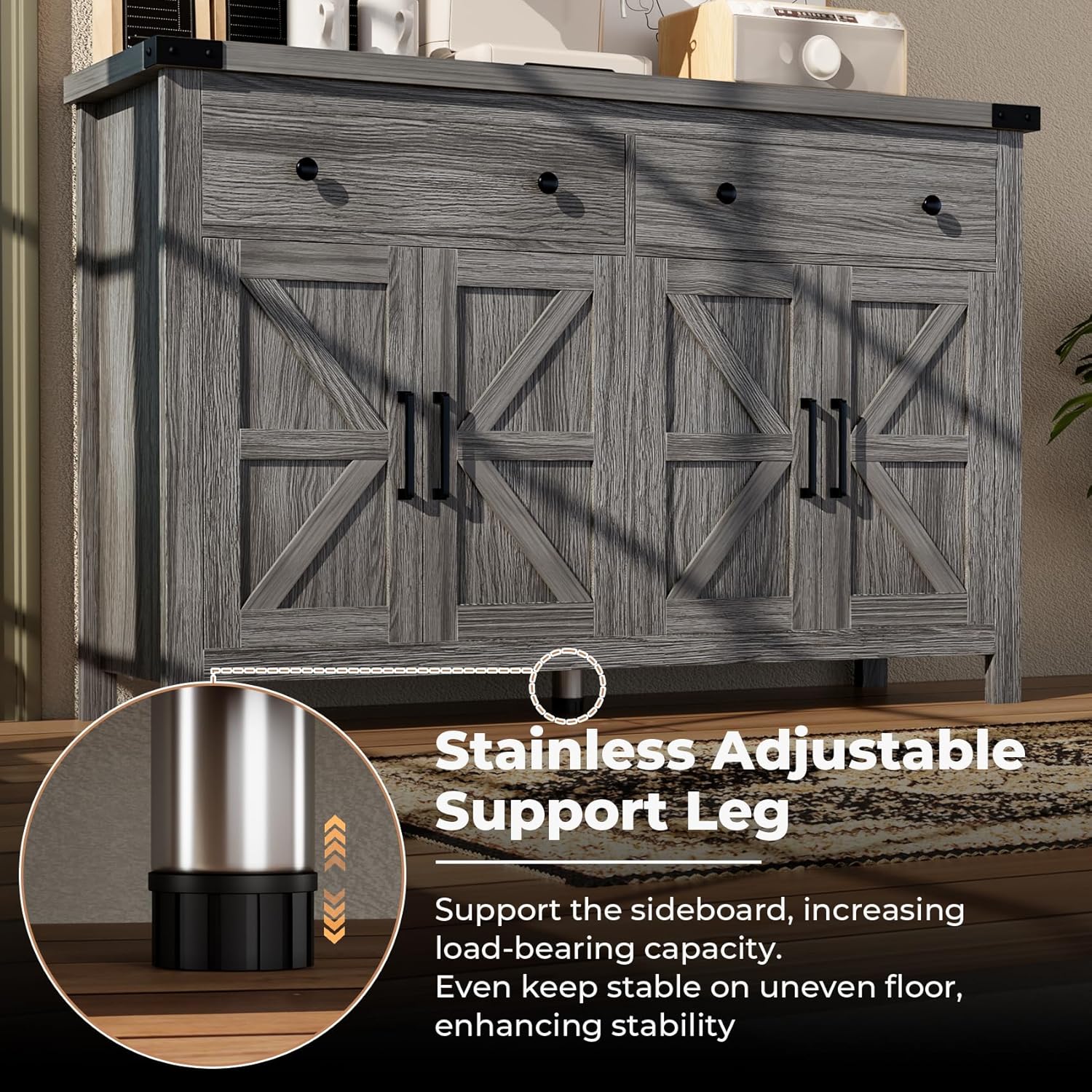 55" Sideboard Buffet Cabinet with Storage, Coffee Bar Cabinet with 2 Drawers and 4 Barn Doors, Long Storage Cabinet Modern Farmhouse, Grey Wood, for Kitchen, Dining Room, Living Room