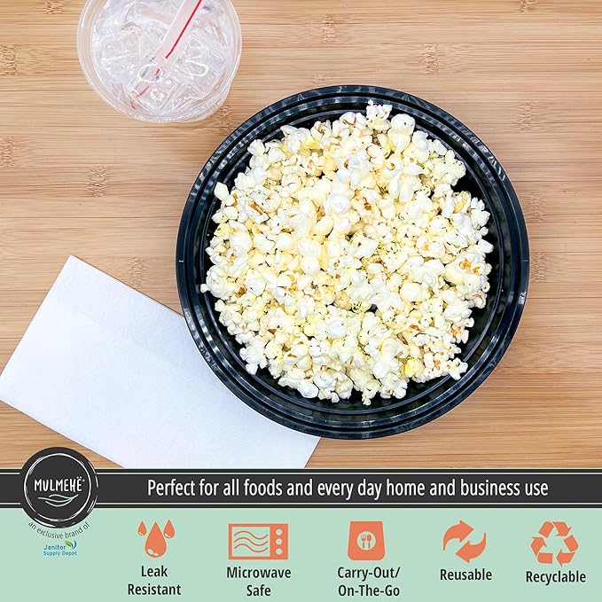 MULMEHË Plastic Food Storage Take-Out Container and Lid Combo, 48 oz, Microwaveable, Round, Black, 9x2.3”, Set of 150