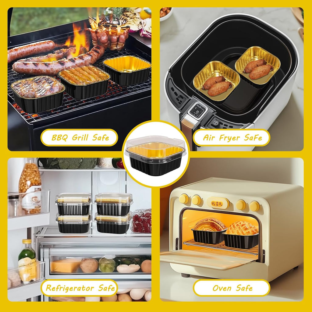 25 Pack Square Mini Cake Pans with Lids,Mini Loaf Pans with Lids,Aluminum Foil Baking Cups,Disposable Ramekins Cupcake Cups,Dessert Cups for Wedding Birthday Party,5oz (Black&Gold)