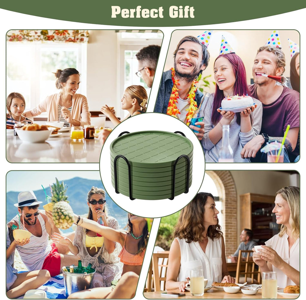Coasters,Drink Coasters Set of 8 with Holder (Green, 12pcs)