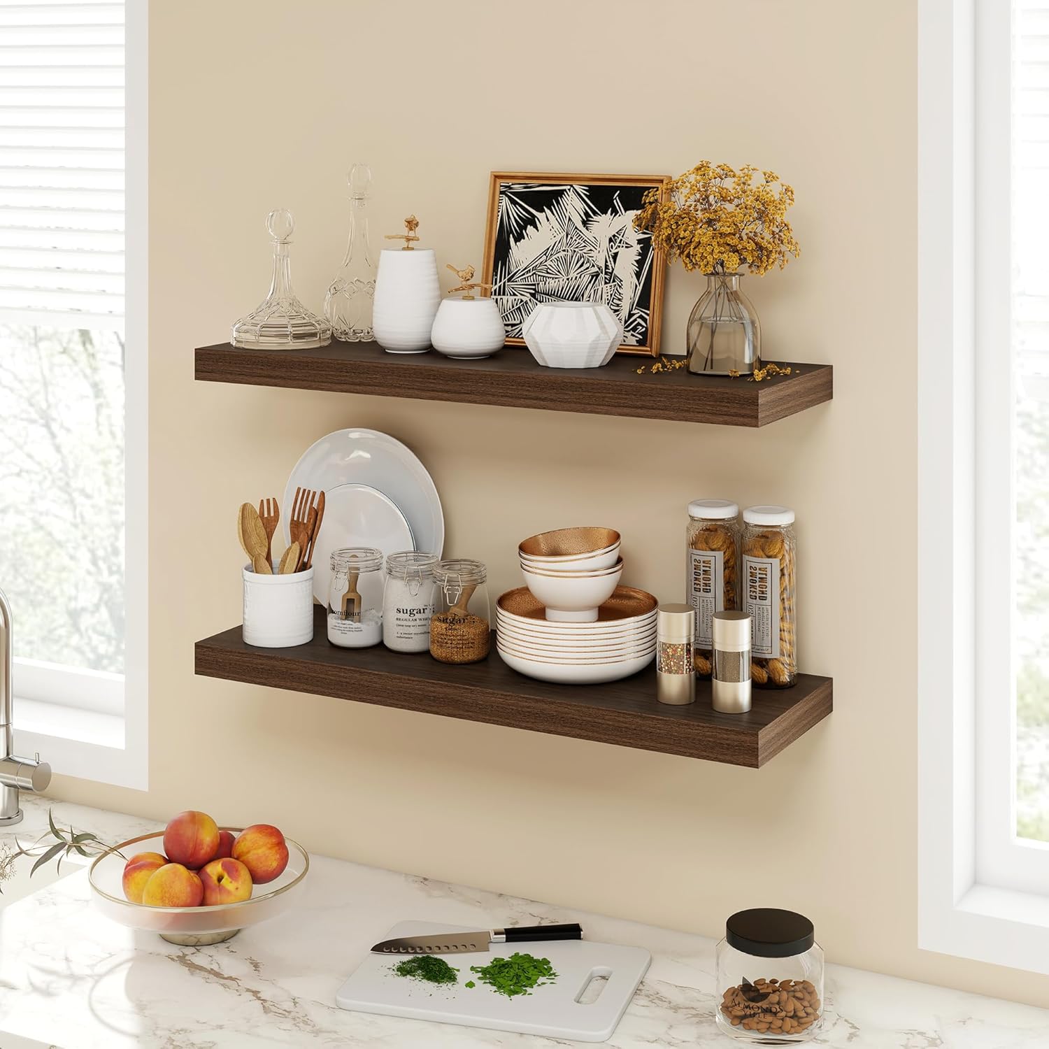 30 Inch Floating Shelves, 9.3" Deep Floating Shelf Wall Mounted, 30" Wall Shelves, Rustic Deep Bookshelf, Large Display Shelves & Storage Shelves for Bedroom, Living Room, Walnut, Set of 2