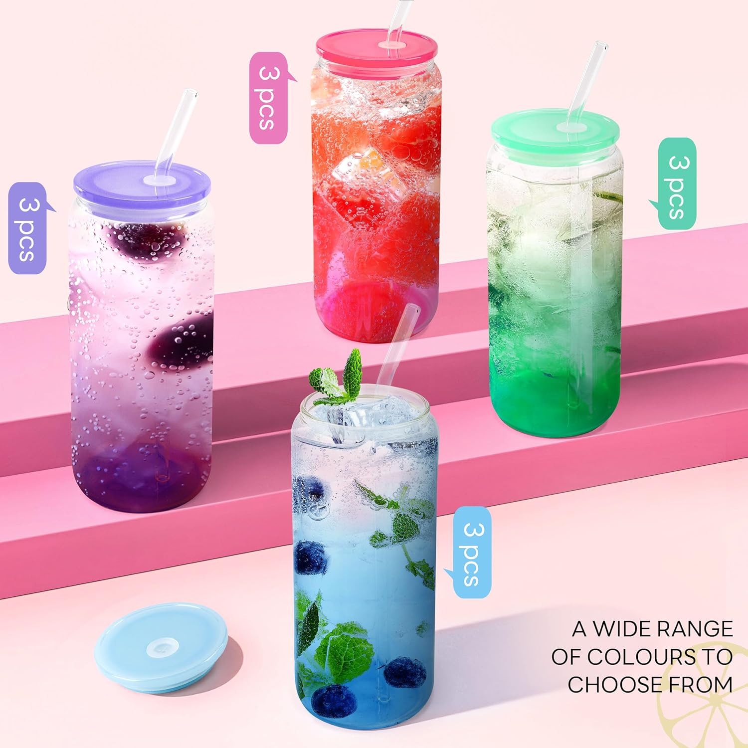 Joyclub 20oz Glass Cups with Acrylic Lids and Straws 12 Set Can Shaped Glass Iced Coffee Cups with Lids, Gradient Drinking Glasses Cute Tumbler Cup Great for Smoothie Soda Boba Tea Cocktail Beer Gift