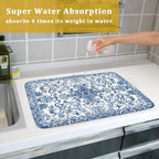 Chinoiserie Floral Dish Drying Mat for Kitchen Counter Blue and White Flowers Pattern Dish Drying Pad 16”x18”Absorbent Reversible Seasonal Decor Dishes Drainer Pad Dish Dry Rack Mat for Counter top