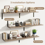 Fun Memories Floating Shelves for Wall, 12 Inch Deep Floating Shelves Set of 2, Wall Mounted Shelf with Metal Brackets, Rustic Wood Wide Shelf for Bathroom, Kitchen and Living Room, Grey, 55W x 12D