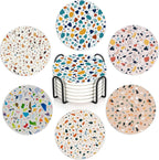 6 Pcs Coasters for Drinks with Holder, Terrazzo Marble Absorbent Ceramic Coasters with Cork Base,Cute Funny Table Drinks Coasters Tabletop Protection Mat,Table Home Decor,4 Inches