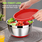 LIANYU Mixing Bowls Set of 6 with Airtight Lids, Size 7, 3.5, 2.5, 2, 1.5, 1QT Large Metal Stainless Steel Nesting Bowls for Cooking, Baking, Food Storage, Non-slip Bottom, Red