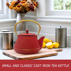 Small Cast Iron Tea Kettle for Stovetop Safe, Red Tea Pot Coated with Enameled Interior, Durable Teapot with Stainless Steel Infuser for Loose Leaf (1000ml/34oz)