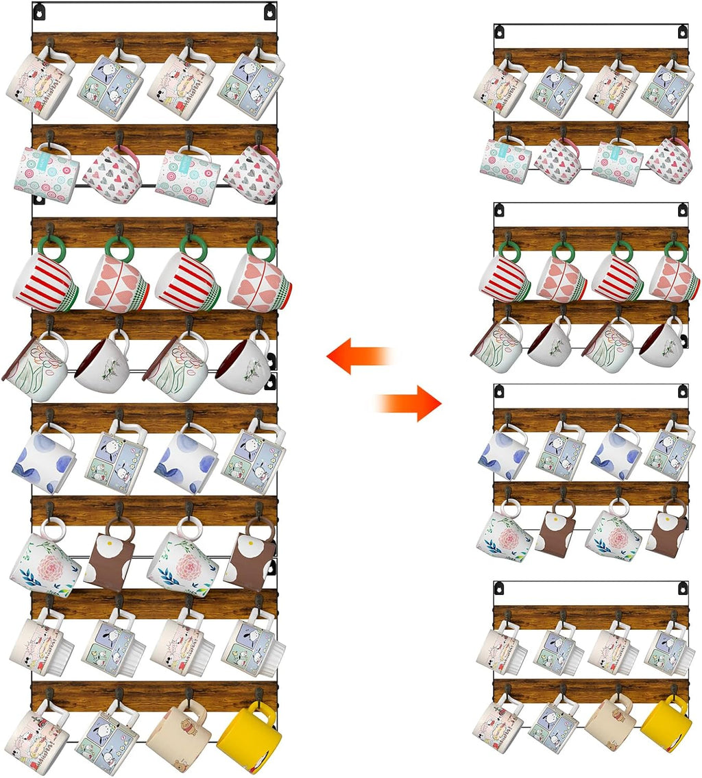 Rustic Wood Coffee Mug Rack - Wall Mount Cup Holder Shelf Storage for Kitchen, Home, Bar, Office (4 Pack, Holds 32 Mugs)