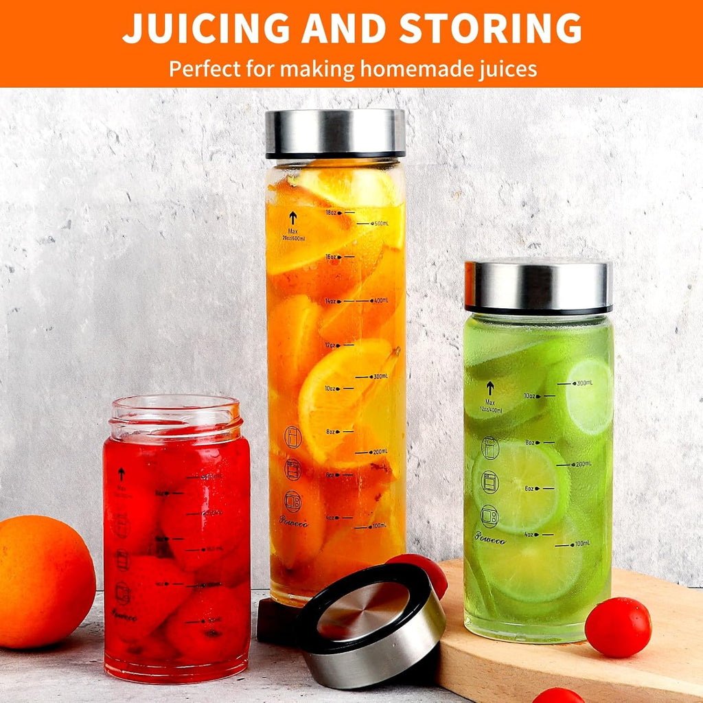 Glass Juice Bottles 4 Pack 16 oz - Wide Mouth Glass Water Bottles with Lids - for Juicing, Protein, Smoothie, Milk, Reusable, BPA Free, Stainless Steel Lids, Blender, Shaker Bottle [16oz/500ml]