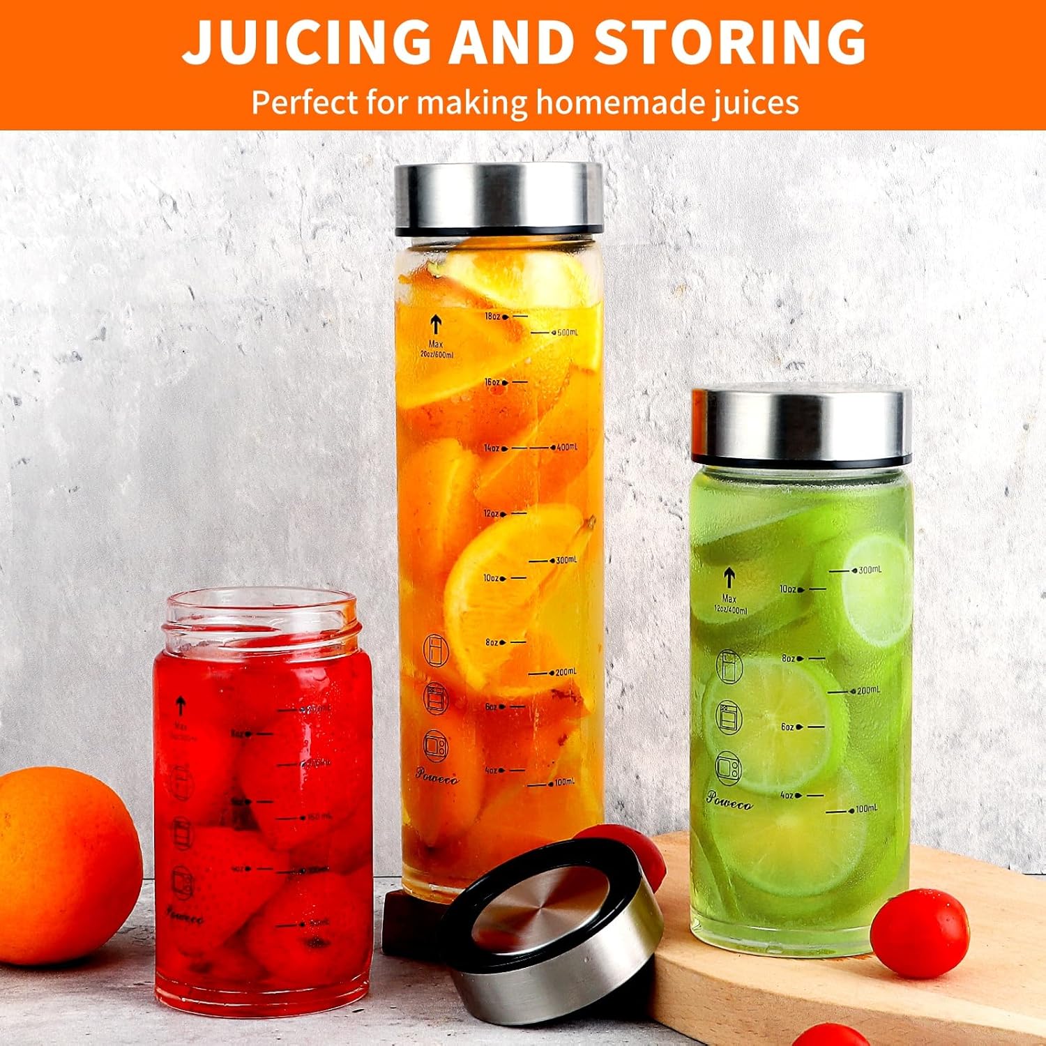 Glass Juice Bottles 4 Pack 10 oz - Wide Mouth Glass Water Bottles with Lids - for Juicing, Protein, Smoothie, Milk, Reusable, BPA Free, Stainless Steel Lids, Blender, Shaker Bottle [10oz/300ml]
