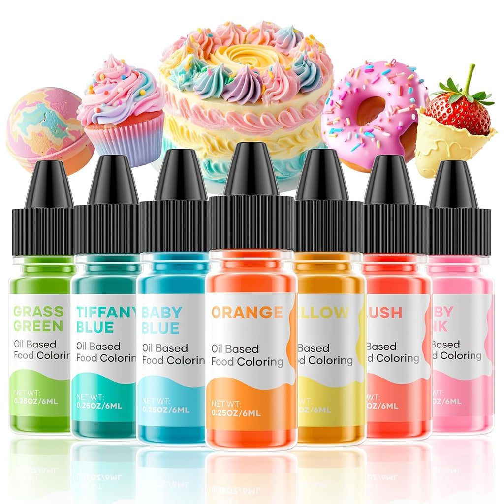 Oil Based Food Coloring for Chocolate Macaron Oil Edible Food Dye Set for Baking Royal Icing Cookie Supplies Gluten Free 7x6ml Food Grade Food Color Kit, 0.25 Fl. Oz/Bottles