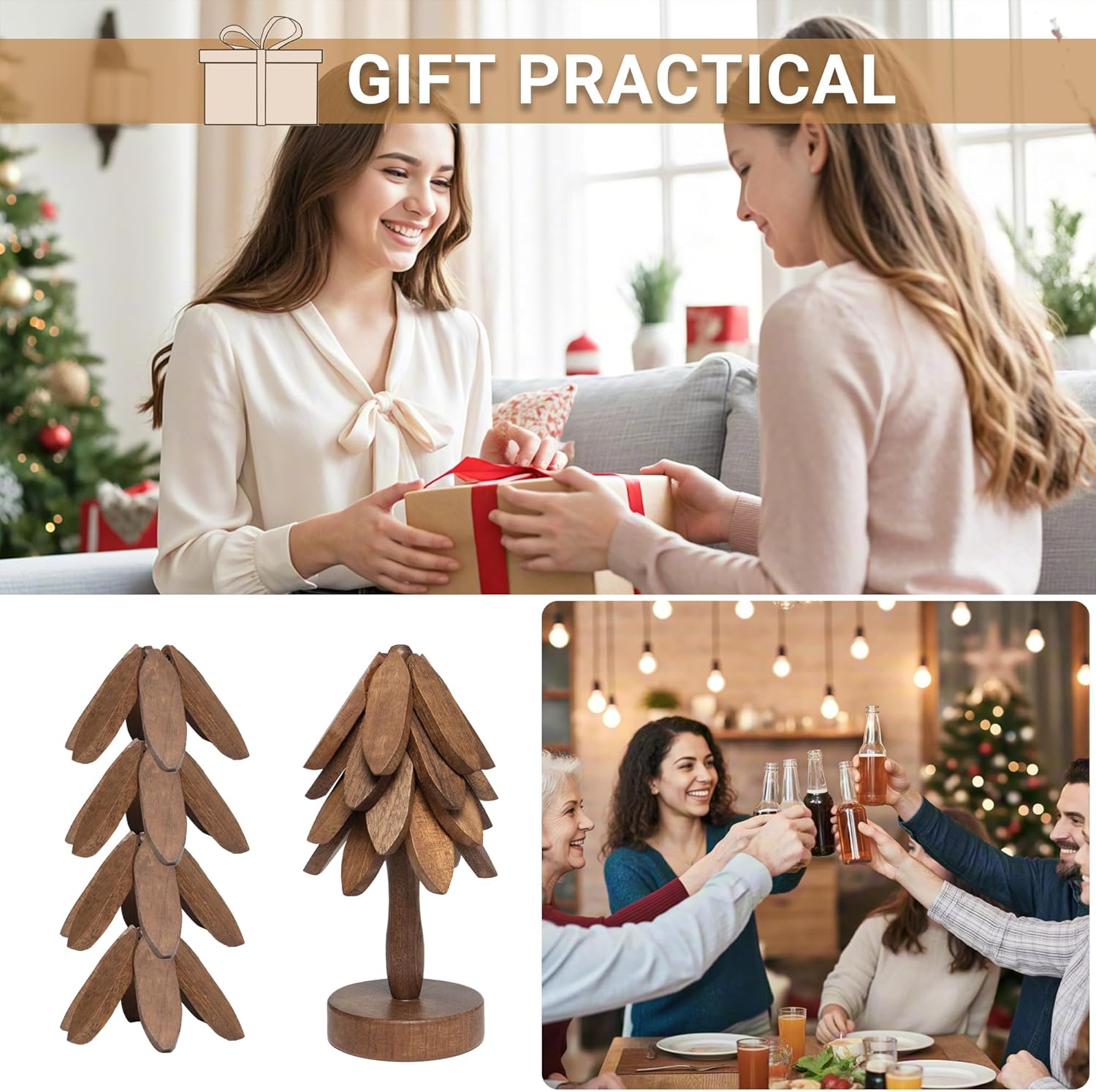 Yuoyar Coasters, Wooden Tree-Shaped Sapeli Wood Drink Coasters Set for Coffee Table, Kitchen Table Decor