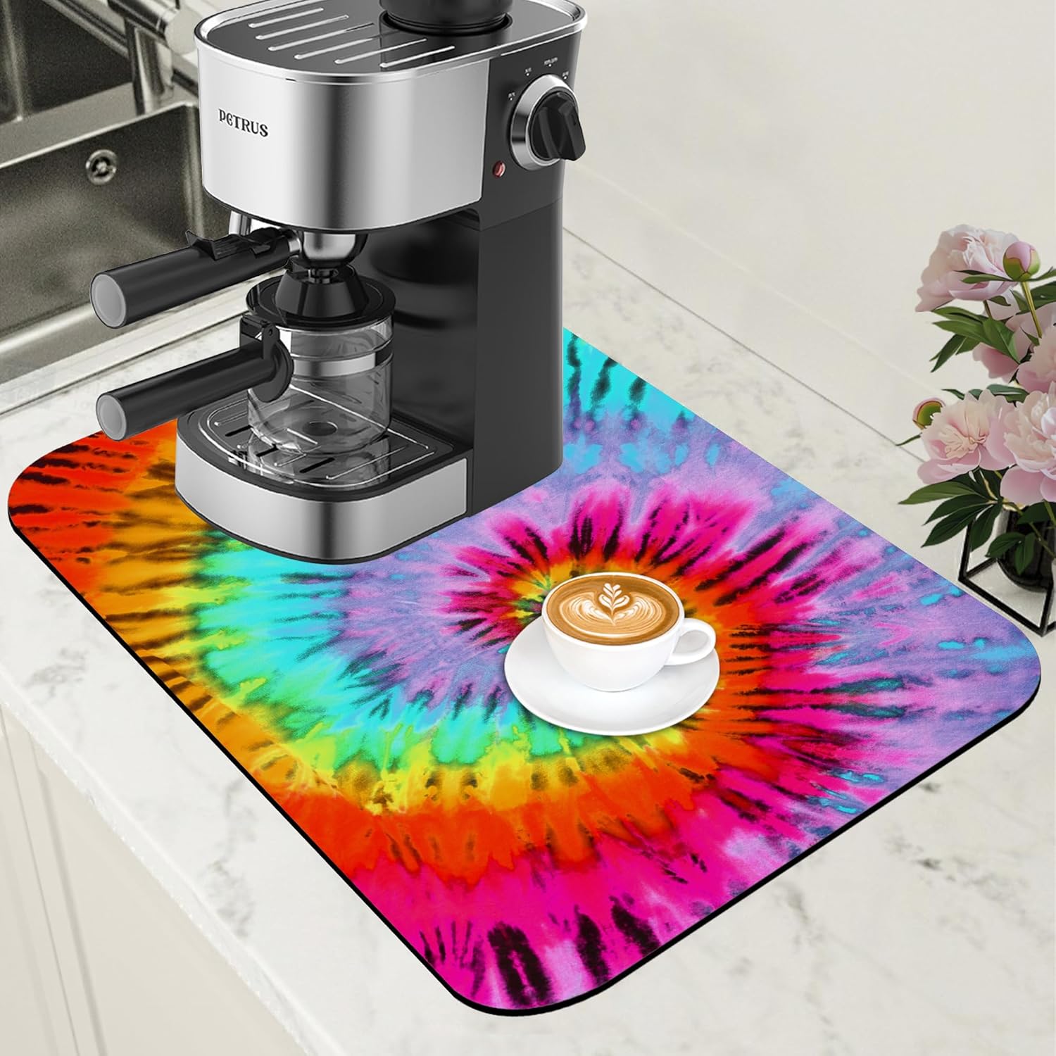 Dish Drying Mat Colorful Tie Dye Coffee Bar Mat for Countertop Absorbent Rubber Backed Hide Stain Dish Drainer Rack Pad Coffee Maker Espresso Machine Dining Room Decoration 11.8 x 19.7 Inch