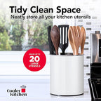 Rotating Extra Large Stainless Steel Utensil Holder Caddy with Sturdy No-Tip Weighted Base, Removable Divider, and Gripped Insert Bottom - Dishwasher Safe Metal Cooking Utensil Holder (White)