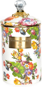 MACKENZIE-CHILDS Large Enamel Canister, Kitchen Storage Container for Flour and Sugar, 1.89 Liters, White Flower Market