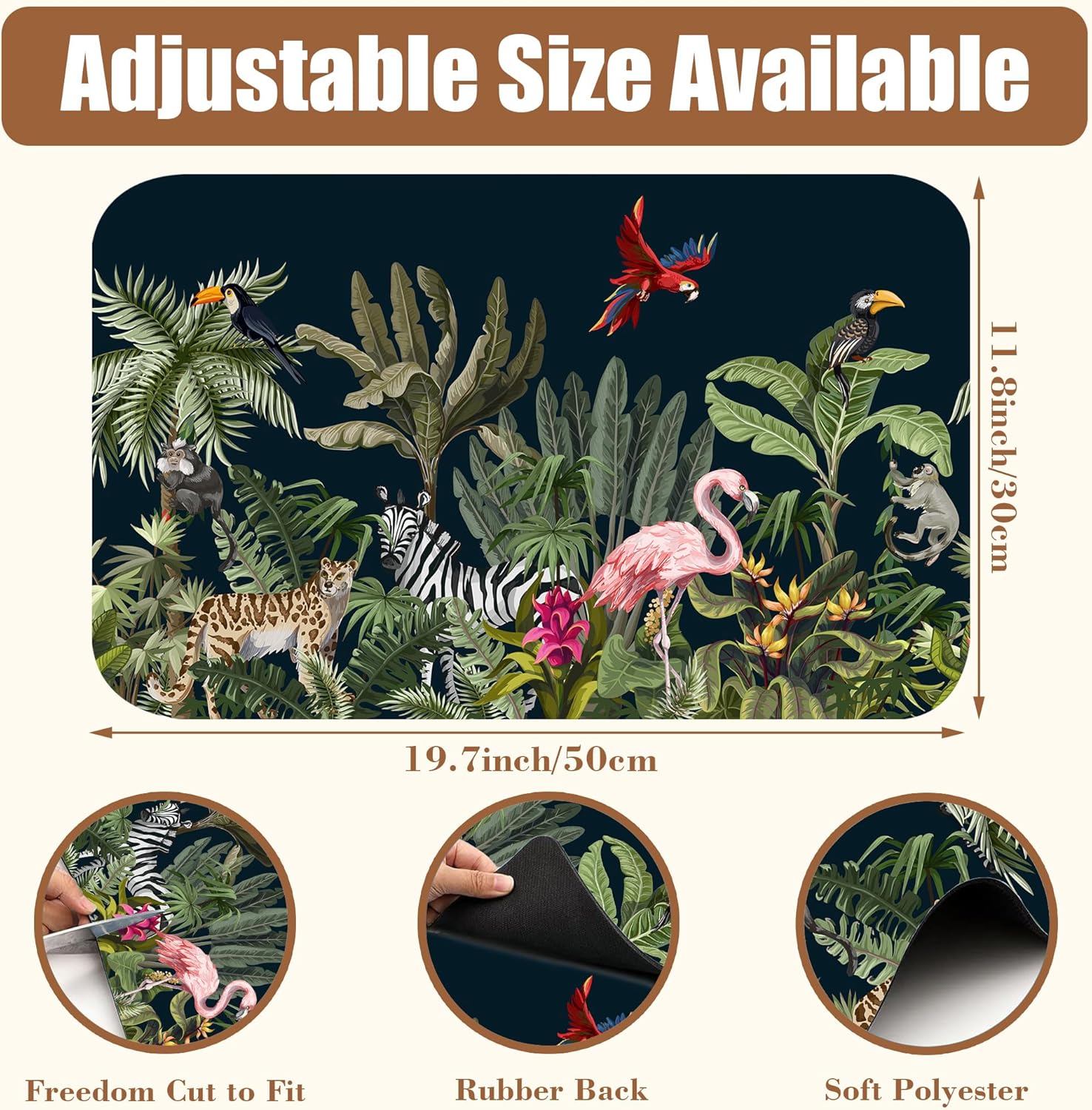 Jungle Animals Coffee Mat Tropical Dish Drying Mat for Kitchen Counter Absorbent Hide Stain Rubber Backed Coffee Bar Accessories Fit Under Espresso Machine Cafe Decor, 11.8 x 19.7 Inch