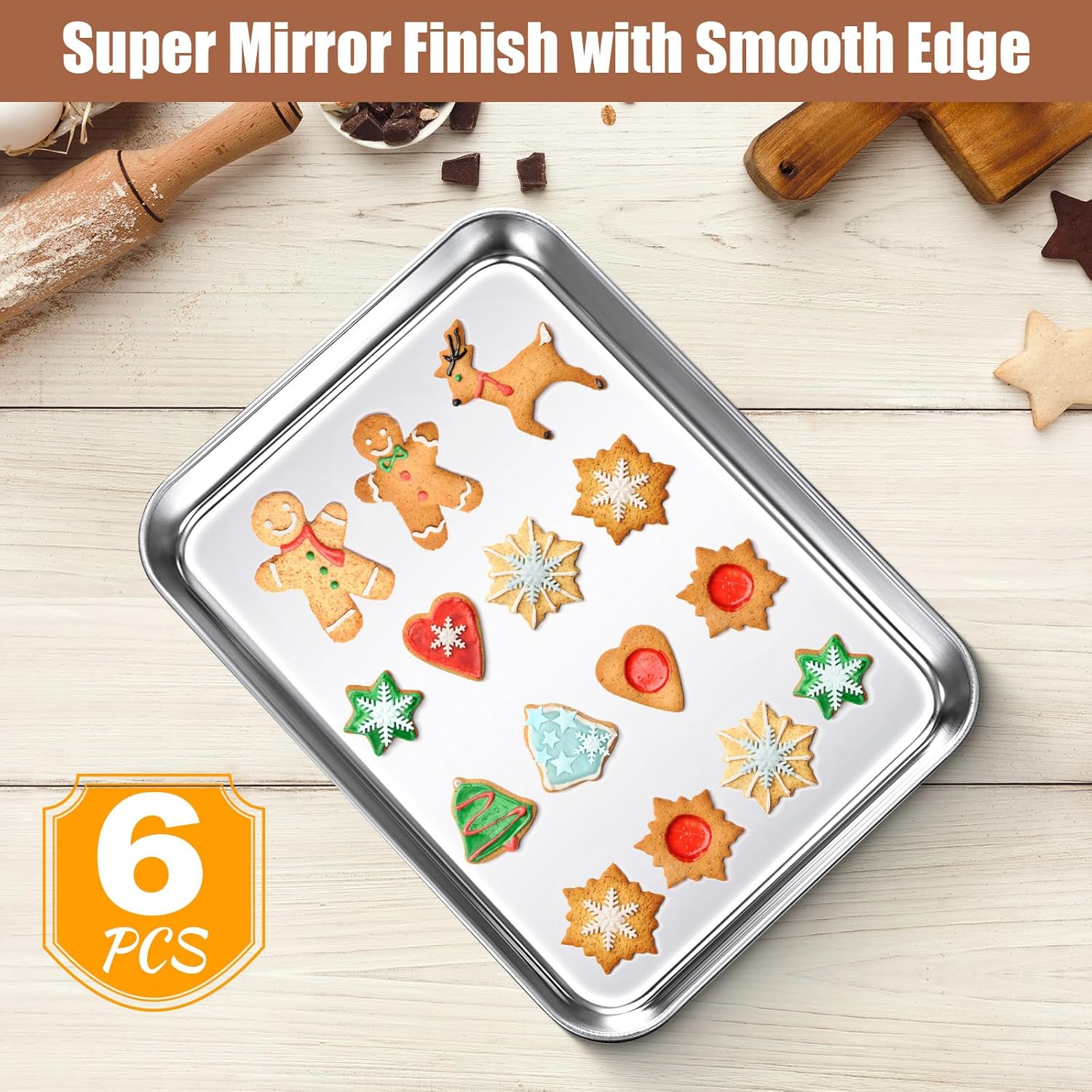 6 Pcs Baking Sheet Pan Set 9 x 6.7 x 1 inches Cookie Sheet Small Toaster Oven Pans Stainless Steel Tray Barbecue Grill Pan Rectangle Trays Oven, Non-stick, Easy Clean