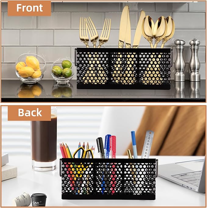 Kitchen Utensil Holder with 3Compartments Metal Mesh Silverware Caddy Organizer with Sturdy iron Base for Kitchen Countertop，White Cooking Utensil Crock