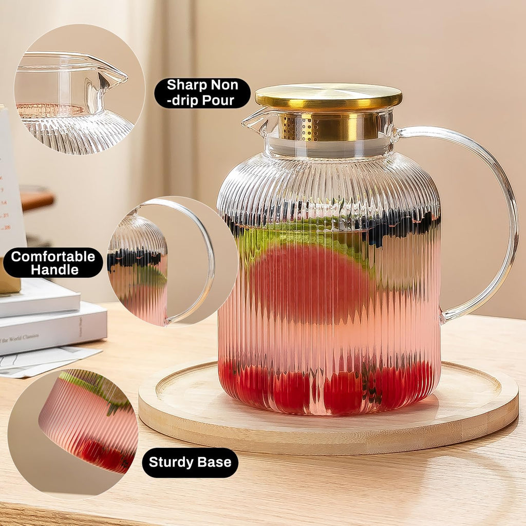 2 Liter 68 Ounces Glass Pitcher with Lid and Spout, Large Vertical Stripes Water Pitcher ribbed Borosilicate Glass Fridge Water Carafe for Cold Brew, Coffee, Lemonade, Sun Tea,Heat Resistant
