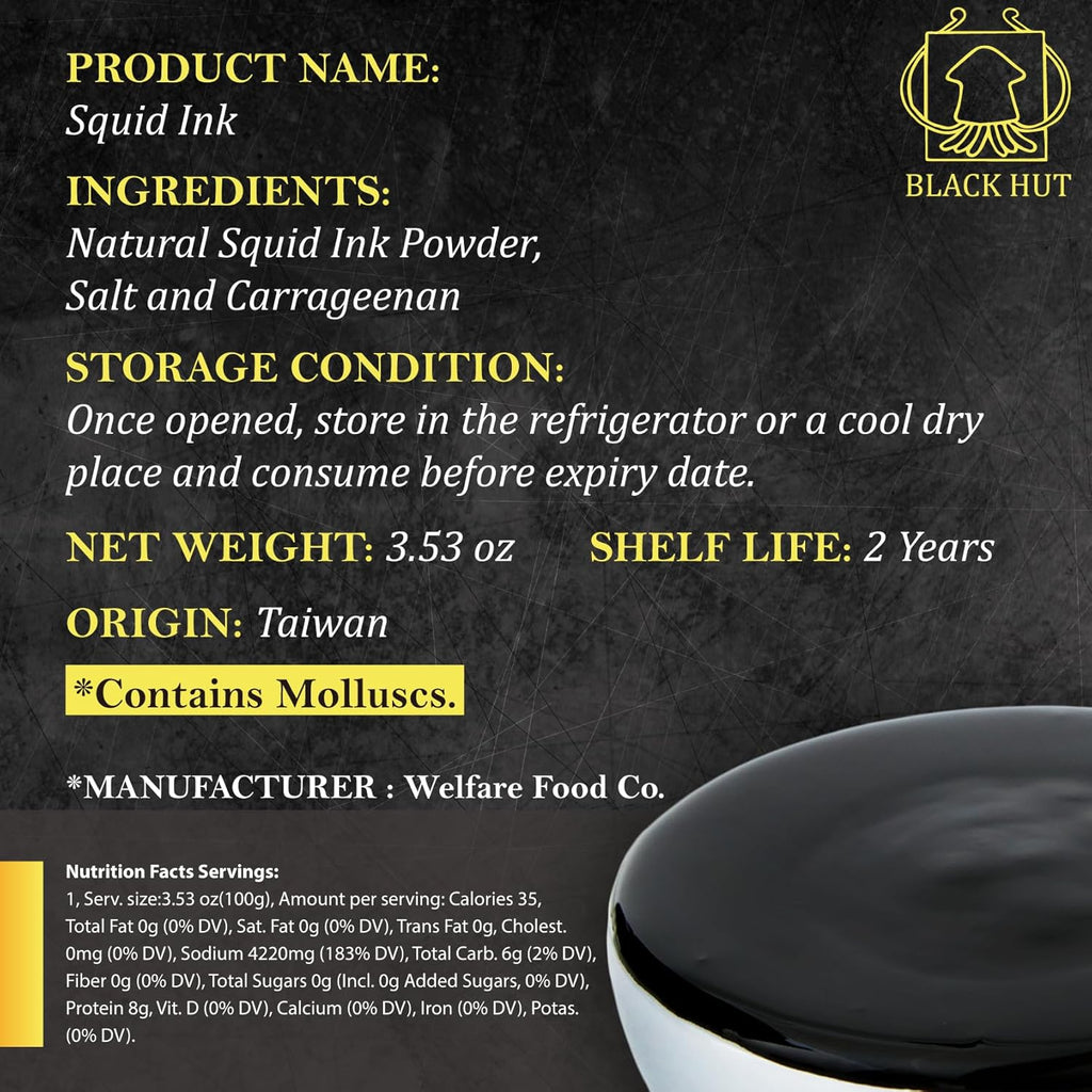 (5g x 20 Pack) Black Hut Squid Ink, Food Coloring Tinta Calamari for Rice Noodles Pasta Spaghetti Risotto, Cuttlefish Ink for Baking mix, Halal Certificate, Contains Molluscs, 3.53 oz / 100 g