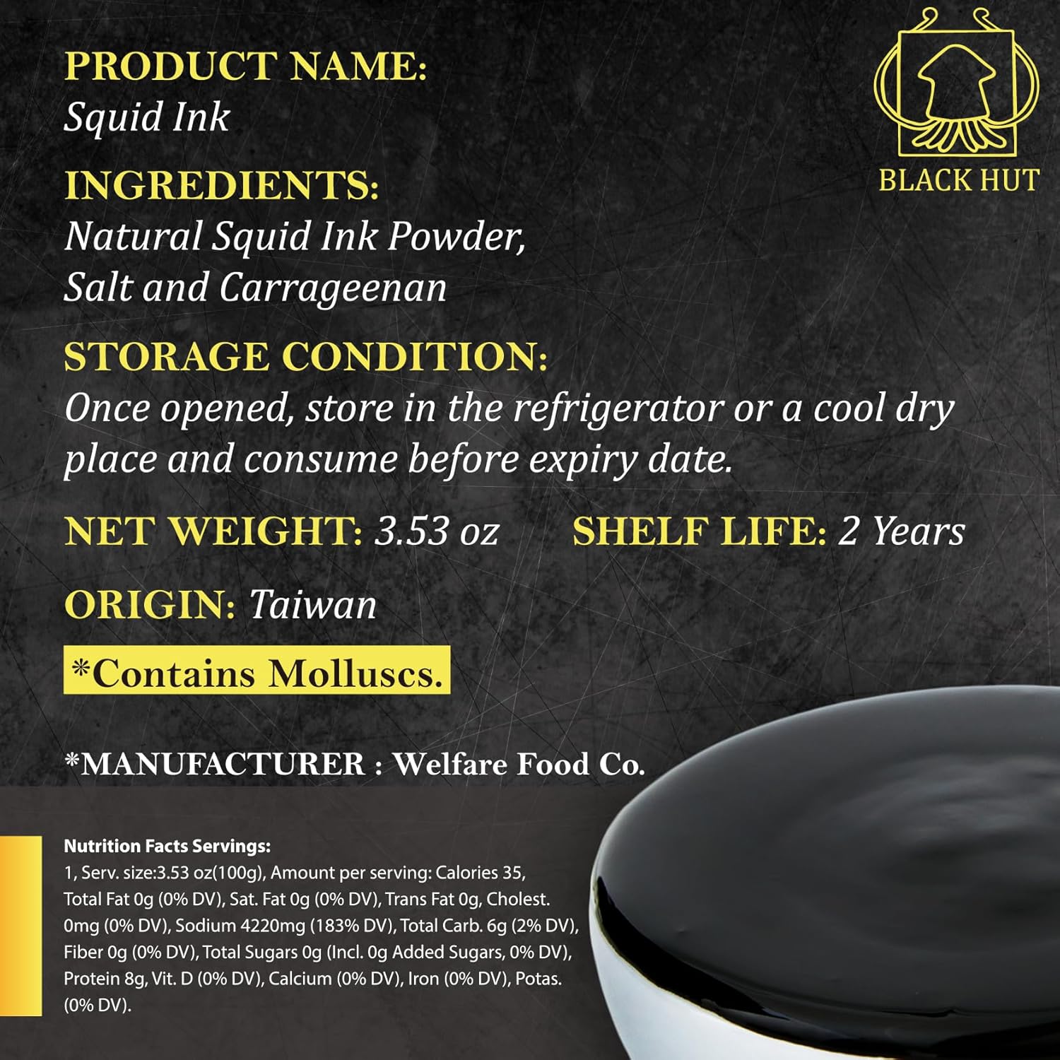 (5g x 20 Pack) Black Hut Squid Ink, Food Coloring Tinta Calamari for Rice Noodles Pasta Spaghetti Risotto, Cuttlefish Ink for Baking mix, Halal Certificate, Contains Molluscs, 3.53 oz / 100 g