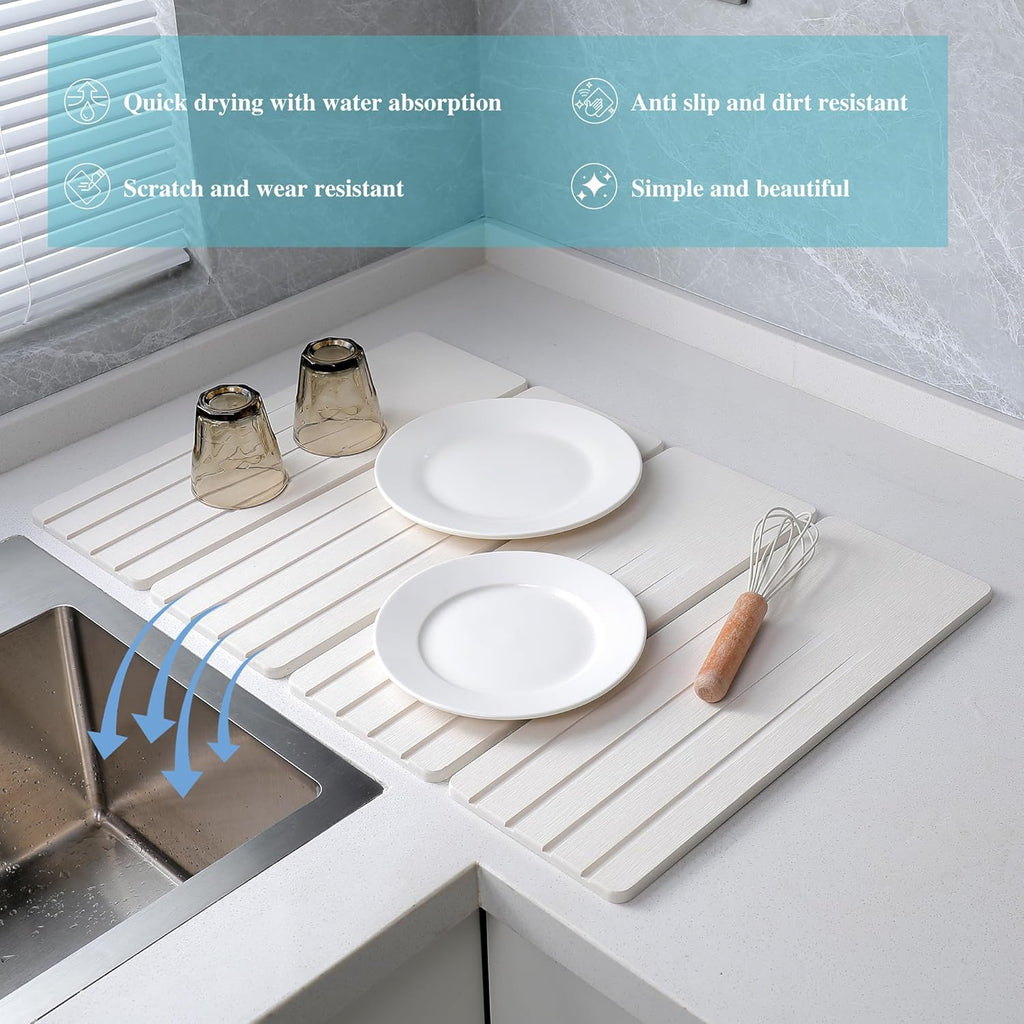Extral Large Quick Dry Stone Drying Mat for Kitchen Counter,28x16 Inch Collapsible Eco-Friendly Absorbent Diatomaceous Earth Mat for Dishes Cups (White-Upgraded Version, 16x12 inch)