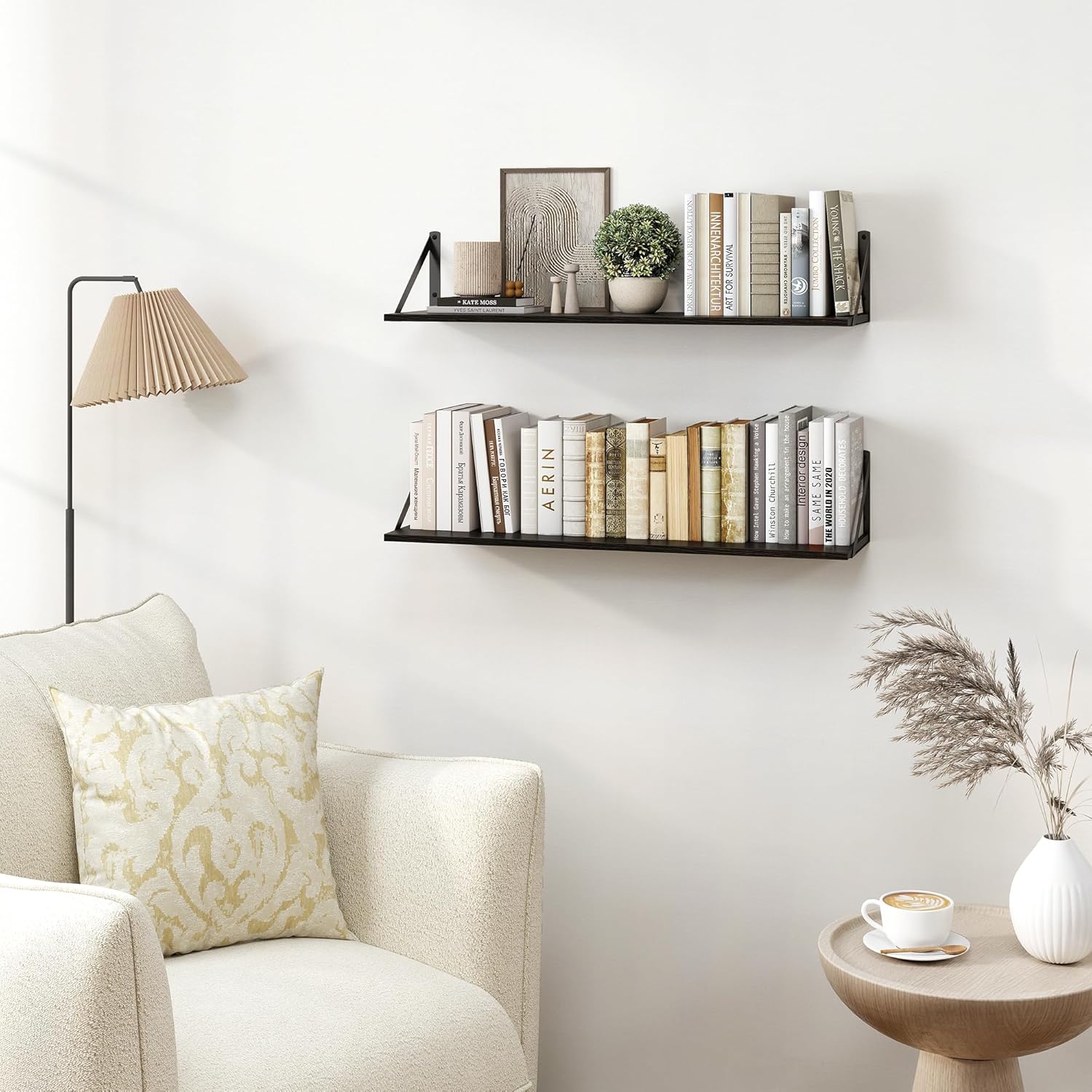 Heimlove Black Deep Floating Shelves for Wall, 30W x 8D Wood Wall Shelves Set of 2, Wide Floating Bookshelf for Living Room, Kitchen, Office, Bedroom and Decor Storage, with Metal Bracket - Black