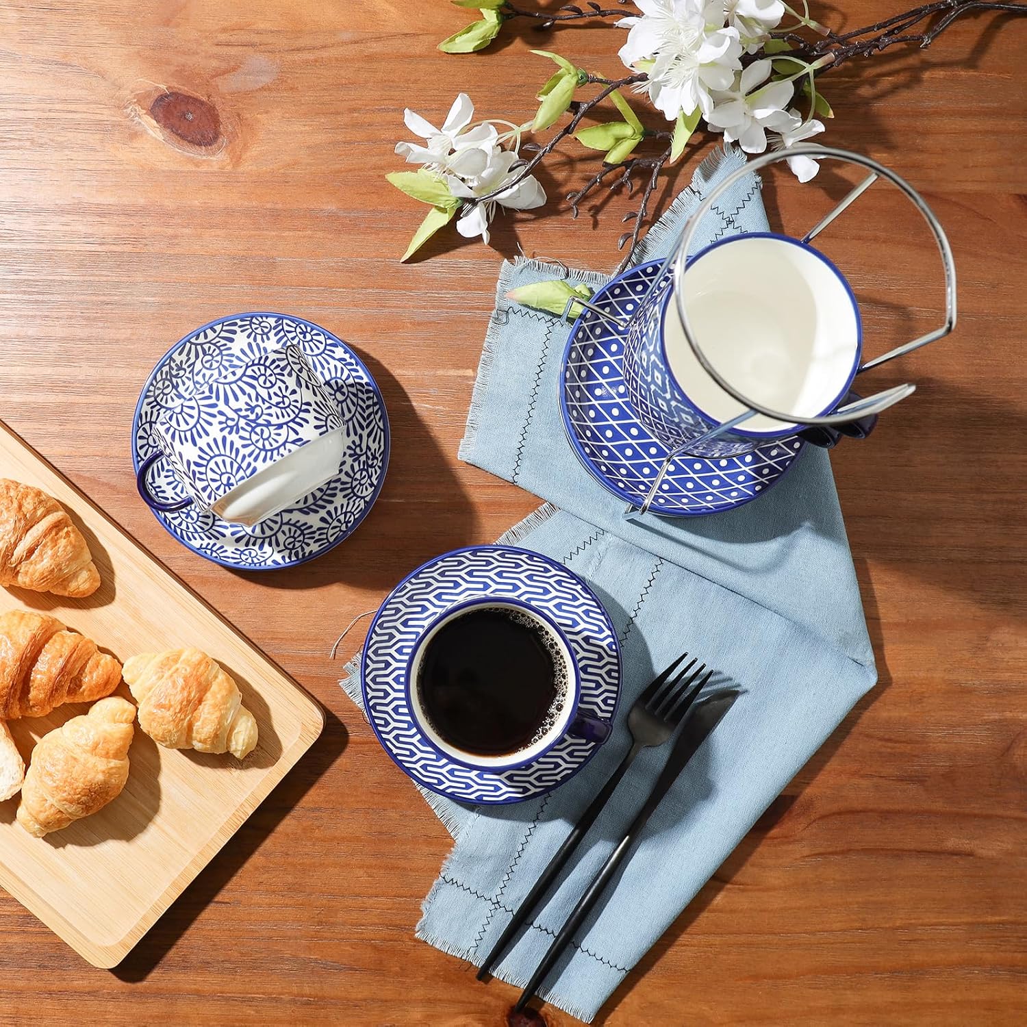 Selamica Ceramic Cappuccino Cups with Saucers and Metal Stand, 8 OZ Stackable Espresso Coffee Cups for Coffee, Latte, Americano, Tea, Set of 4, Vintage Blue